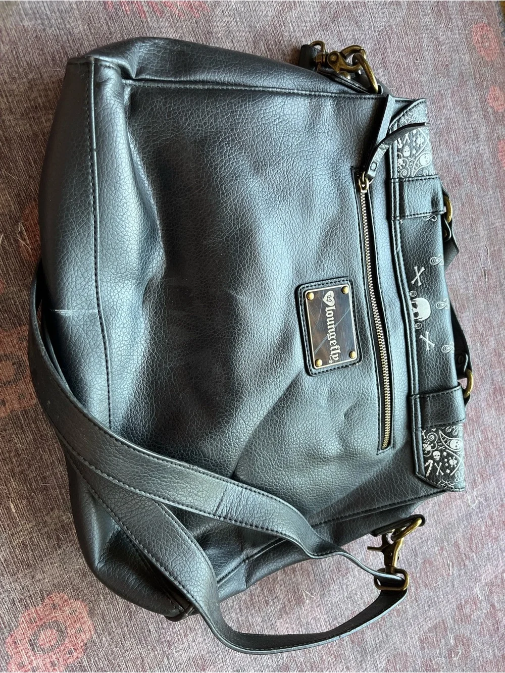 Loungefly Black Satchel Handbag with White Paisley Skull Print - Unisex